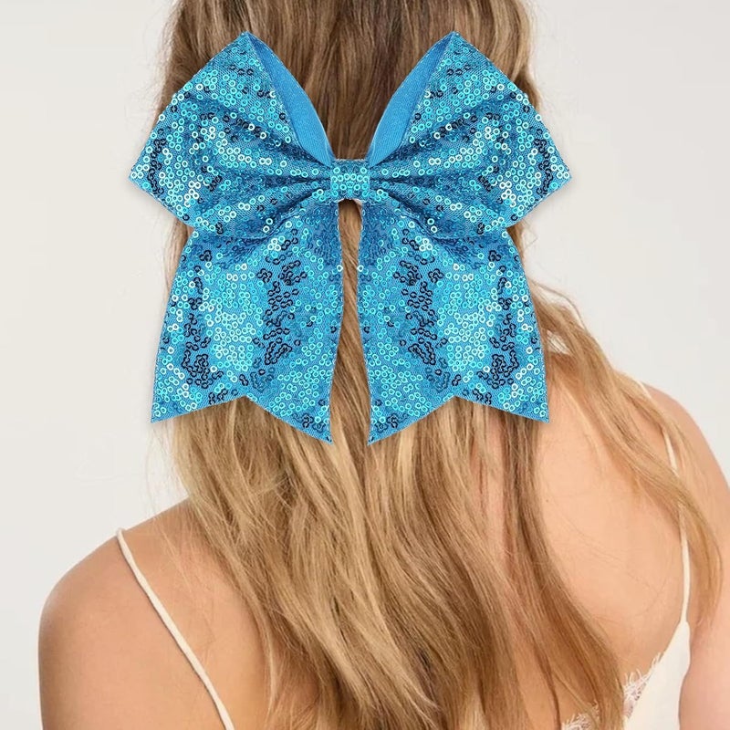 Zolyco Large Glitter Cheer Bows Clips, Jumbo Big 7 Inch Cheerleading Sequin Hair Bow Hair Accessories for Teens Girls Football Sports Cheerleader Outfit Uniform (Blue) - Image 3